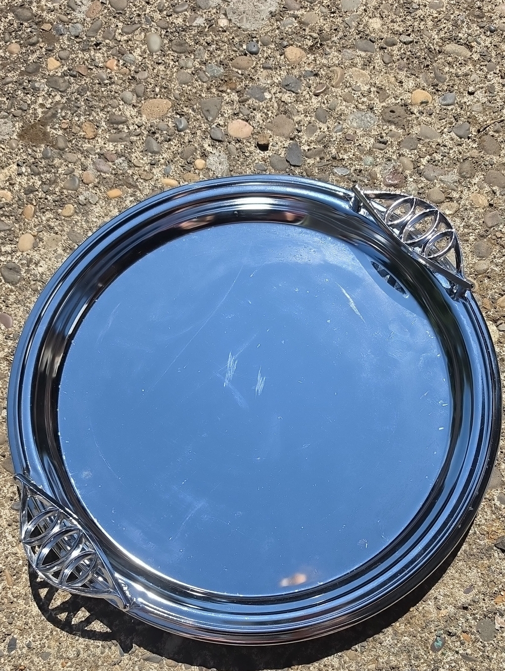Silver Round Serving Tray with Decorative Handles